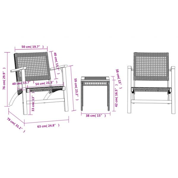 3-tlg. Bistro-Set Schwarz Poly Rattan und Massivholz Akazie