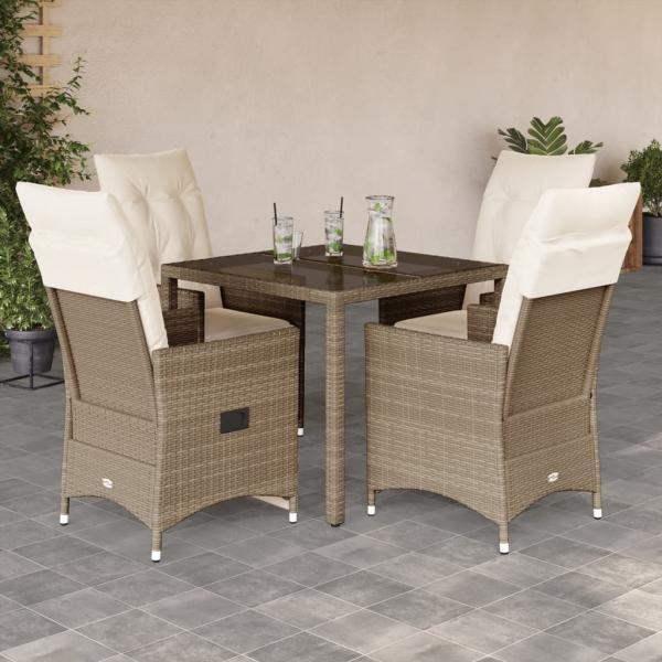 ARDEBO.de - 5-tlg. Garten-Essgruppe mit Kissen Beige Poly Rattan