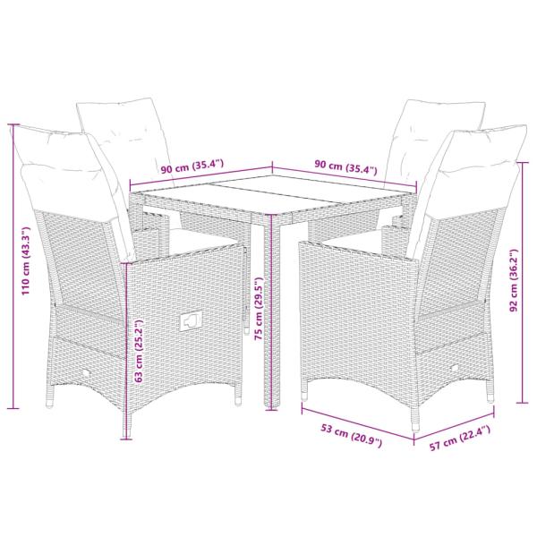 5-tlg. Garten-Essgruppe mit Kissen Grau Poly Rattan