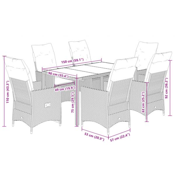 7-tlg. Garten-Essgruppe mit Kissen Schwarz Poly Rattan