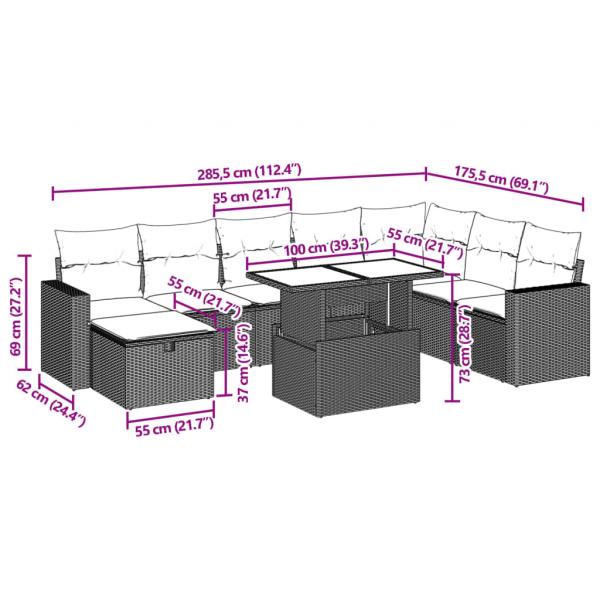 9-tlg. Garten-Sofagarnitur mit Kissen Grau Poly Rattan