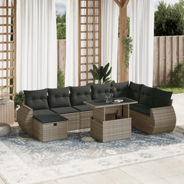 ARDEBO.de - 9-tlg. Garten-Sofagarnitur mit Kissen Grau Poly Rattan