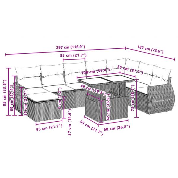 9-tlg. Garten-Sofagarnitur mit Kissen Grau Poly Rattan