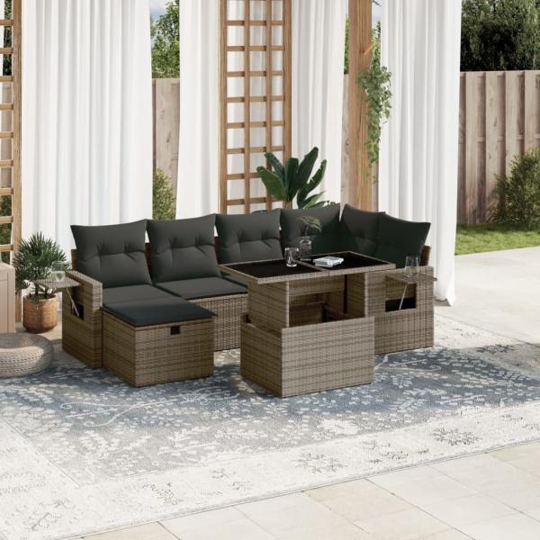 ARDEBO.de - 7-tlg. Garten-Sofagarnitur mit Kissen Grau Poly Rattan