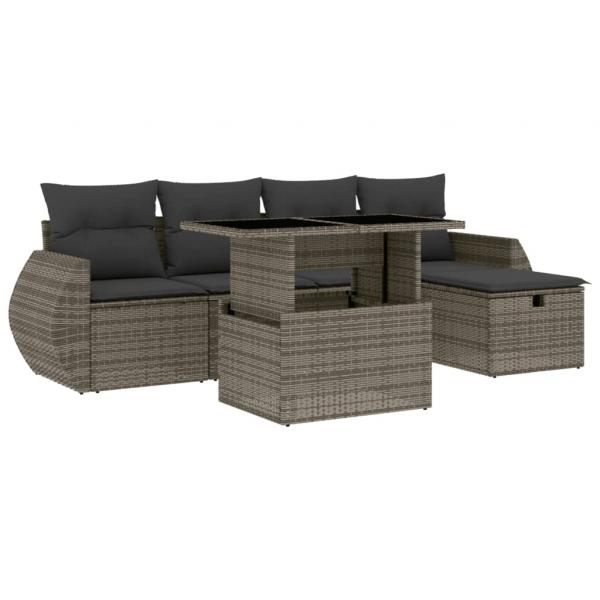 6-tlg. Garten-Sofagarnitur mit Kissen Grau Poly Rattan