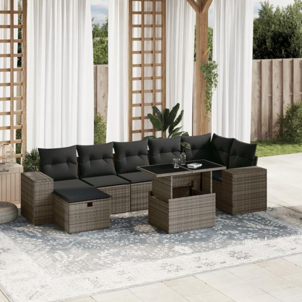 ARDEBO.de - 8-tlg. Garten-Sofagarnitur mit Kissen Grau Poly Rattan