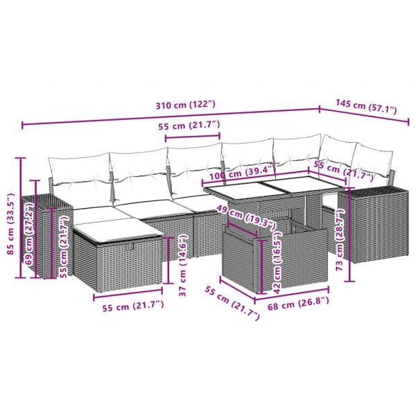 8-tlg. Garten-Sofagarnitur mit Kissen Grau Poly Rattan