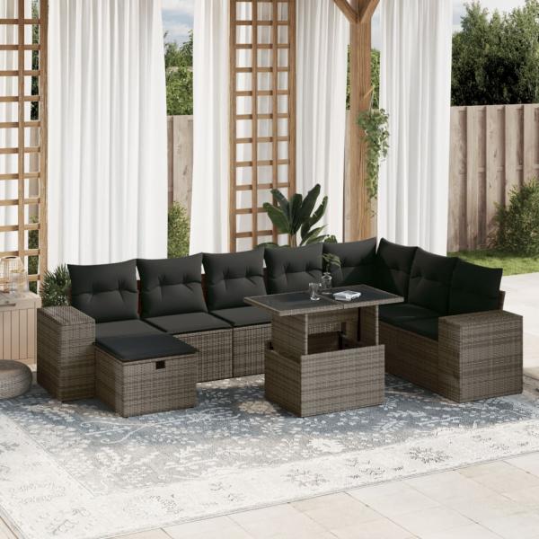 ARDEBO.de - 9-tlg. Garten-Sofagarnitur mit Kissen Grau Poly Rattan