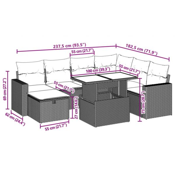 8-tlg. Garten-Sofagarnitur mit Kissen Grau Poly Rattan