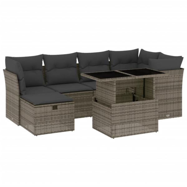 7-tlg. Garten-Sofagarnitur mit Kissen Grau Poly Rattan