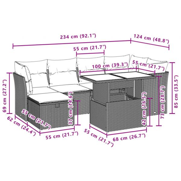 7-tlg. Garten-Sofagarnitur mit Kissen Grau Poly Rattan