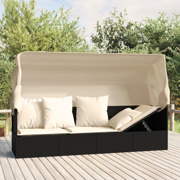 ARDEBO.de - Outdoor-Loungebett mit Dach und Kissen Schwarz Poly Rattan