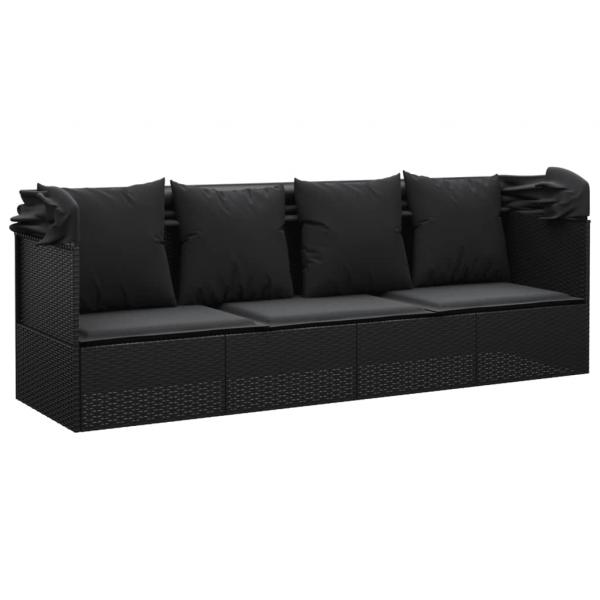 Outdoor-Loungebett mit Dach und Kissen Schwarz Poly Rattan