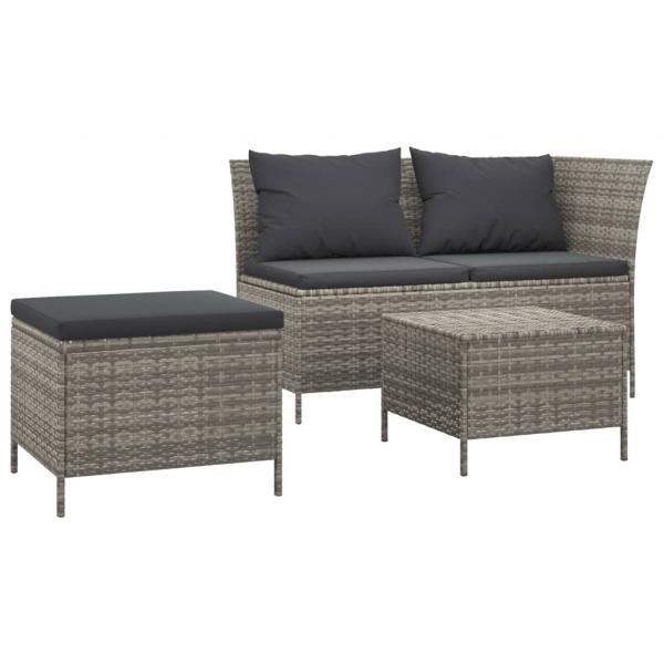 3-tlg. Garten-Lounge-Set mit Kissen Grau Poly Rattan