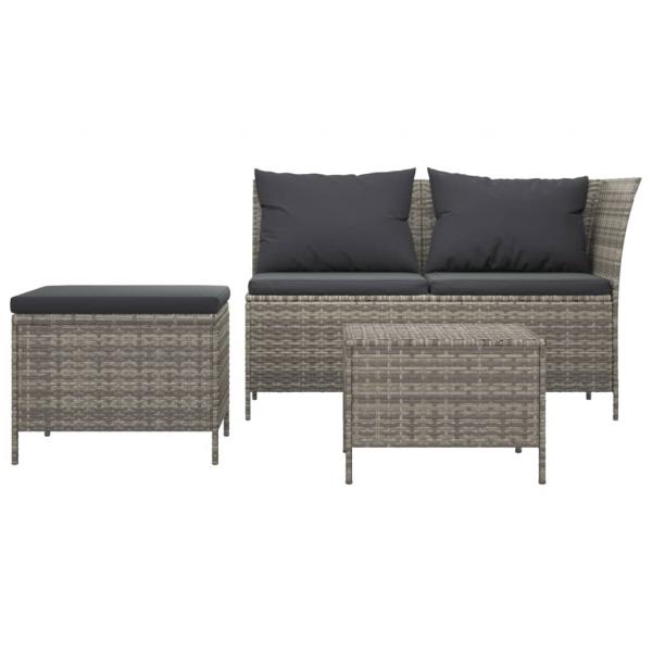 3-tlg. Garten-Lounge-Set mit Kissen Grau Poly Rattan