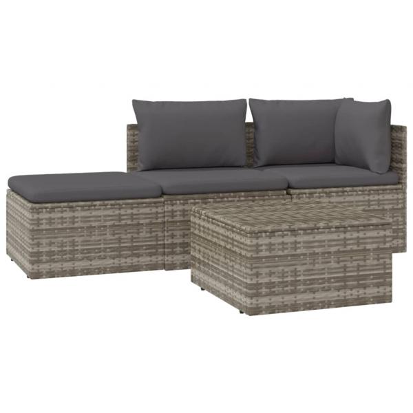 4-tlg. Garten-Lounge-Set mit Kissen Grau Poly Rattan