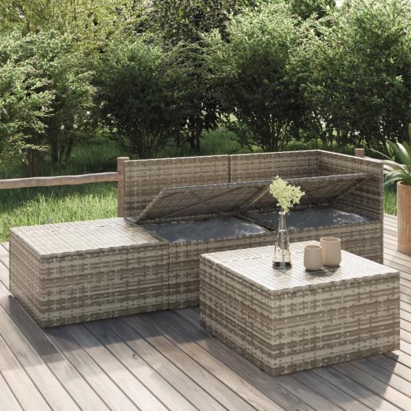 4-tlg. Garten-Lounge-Set mit Kissen Grau Poly Rattan