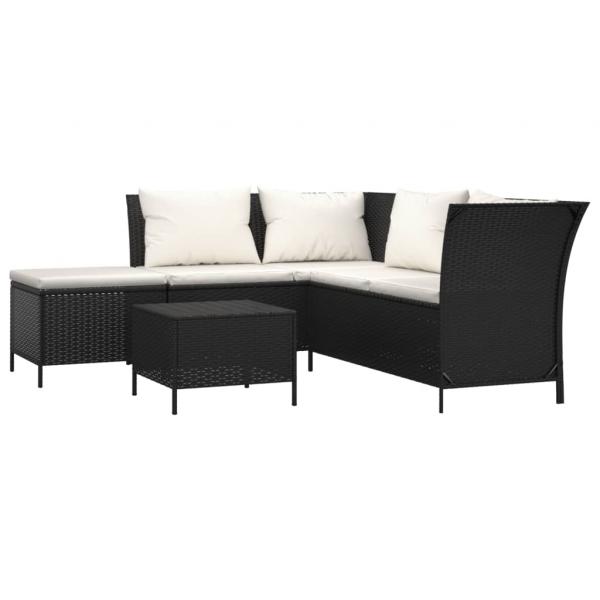 4-tlg. Garten-Lounge-Set mit Kissen Schwarz Poly Rattan