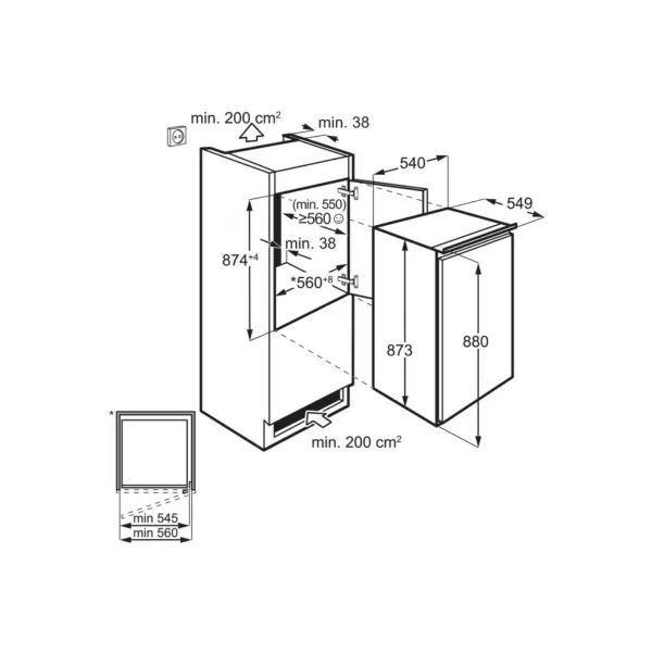 AEG TSK5O881ES Einbaukühlschrank ohne Gefrierfach, Nischenhöhe 88 cm, 142 L, Schlepptürtechnik, LED Beleuchtung, weiß