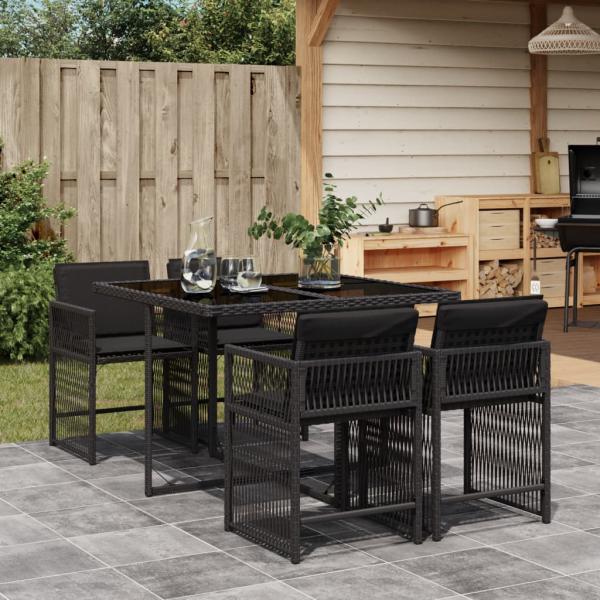 ARDEBO.de - 5-tlg. Garten-Essgruppe mit Kissen Schwarz Poly Rattan