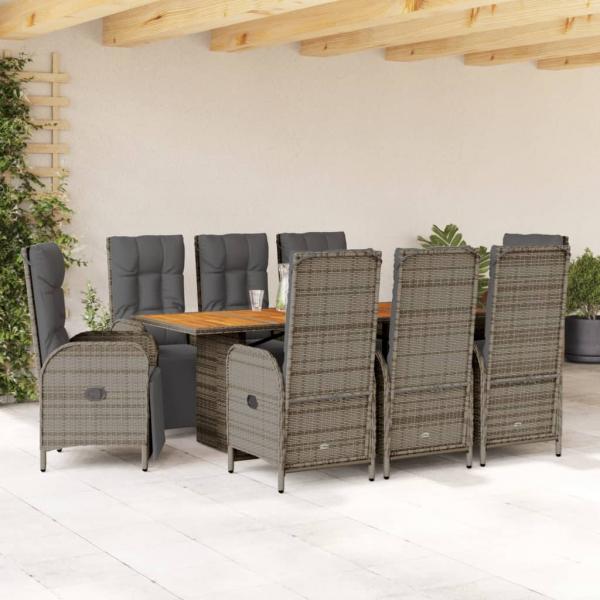 ARDEBO.de - 9-tlg. Garten-Essgruppe mit Kissen Grau Poly Rattan