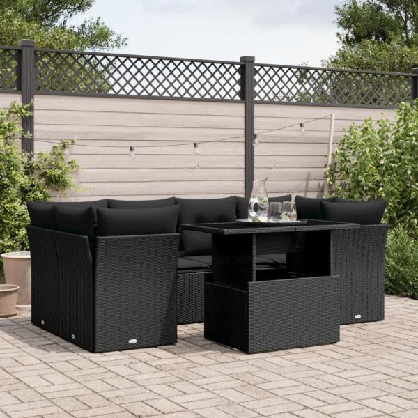 ARDEBO.de - 7-tlg. Garten-Sofagarnitur mit Kissen Schwarz Poly Rattan