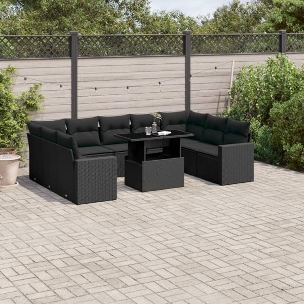 ARDEBO.de - 10-tlg. Garten-Sofagarnitur mit Kissen Schwarz Poly Rattan