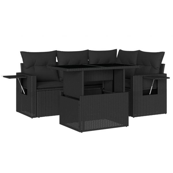 5-tlg. Garten-Sofagarnitur mit Kissen Schwarz Poly Rattan