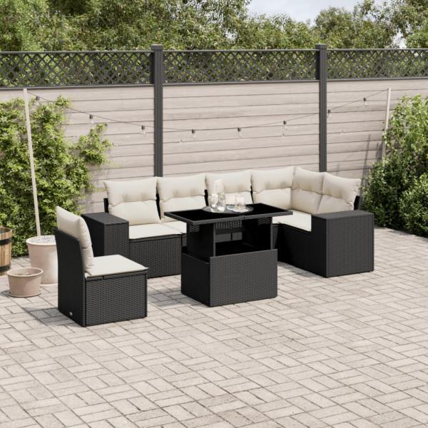 ARDEBO.de - 7-tlg. Garten-Sofagarnitur mit Kissen Schwarz Poly Rattan