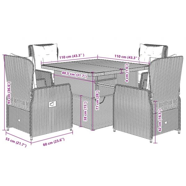 5-tlg. Garten-Essgruppe mit Kissen Grau Poly Rattan