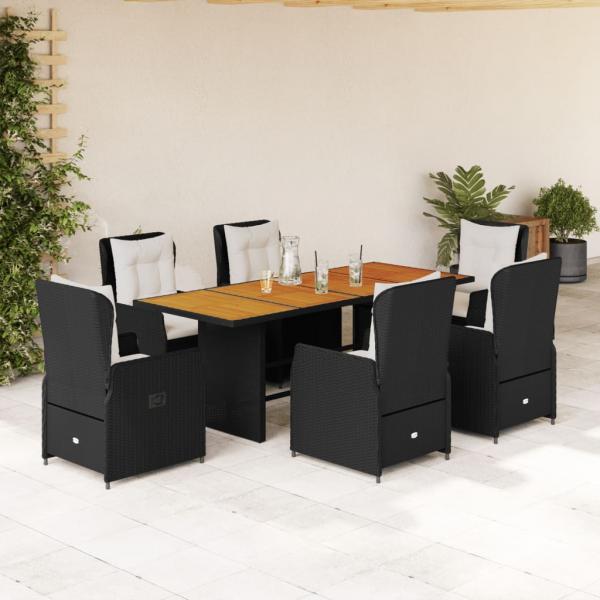 ARDEBO.de - 7-tlg. Garten-Essgruppe mit Kissen Schwarz Poly Rattan