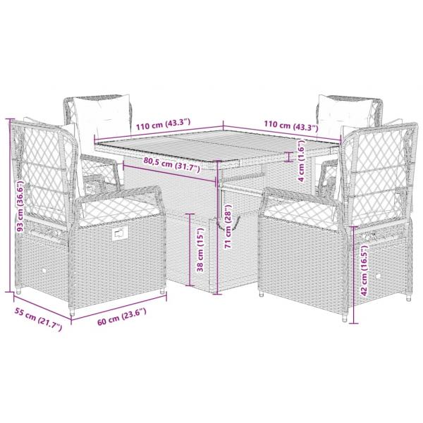 5-tlg. Garten-Essgruppe mit Kissen Schwarz Poly Rattan