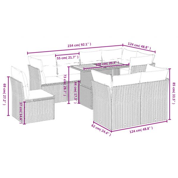 9-tlg. Garten-Sofagarnitur mit Kissen Grau Poly Rattan