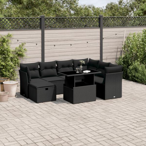 ARDEBO.de - 8-tlg. Garten-Sofagarnitur mit Kissen Schwarz Poly Rattan