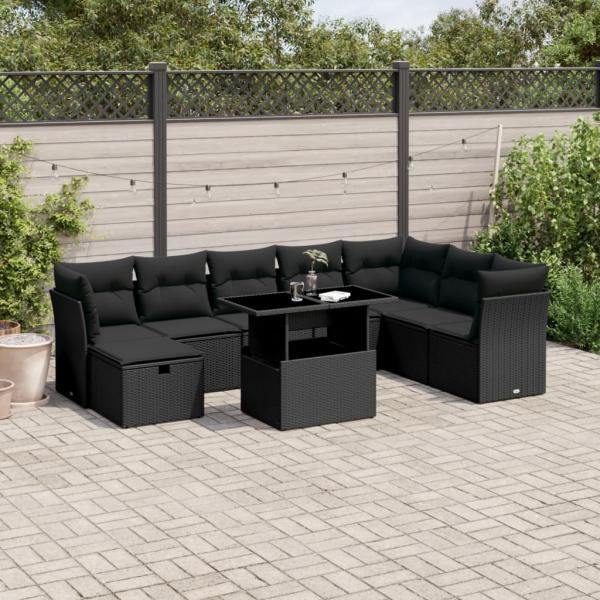 ARDEBO.de - 9-tlg. Garten-Sofagarnitur mit Kissen Schwarz Poly Rattan