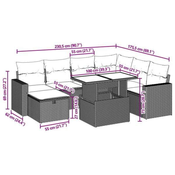 8-tlg. Garten-Sofagarnitur mit Kissen Schwarz Poly Rattan