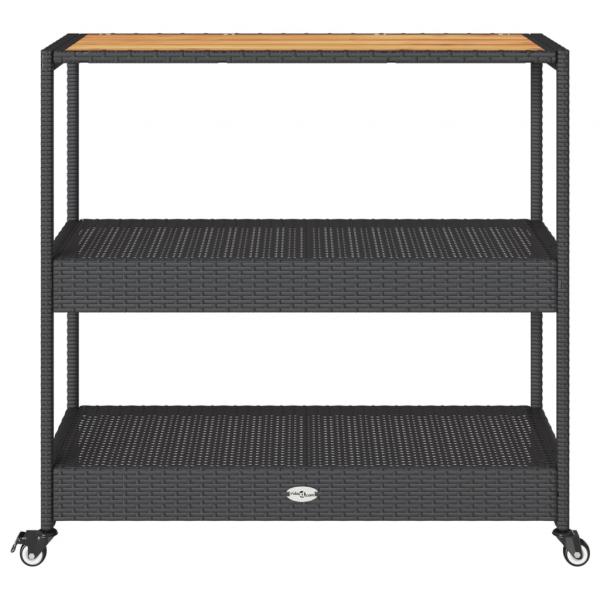 Barwagen 3 Böden Schwarz Poly Rattan und Massivholz Akazie