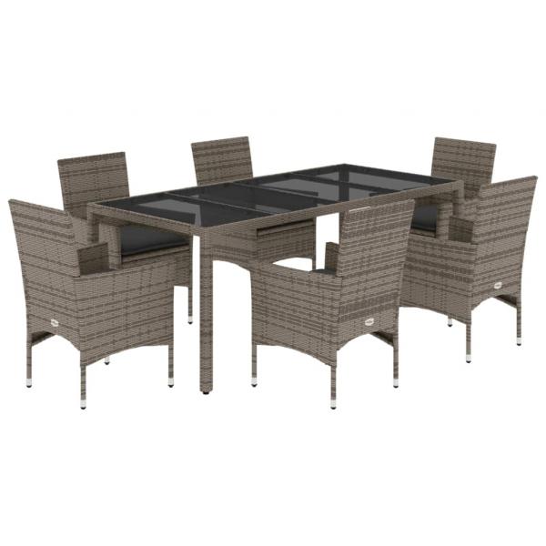 7-tlg. Garten-Essgruppe mit Kissen Grau Poly Rattan und Glas