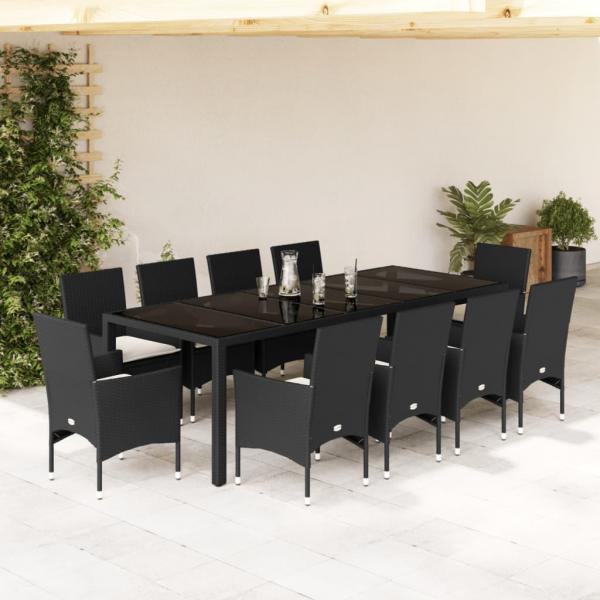 ARDEBO.de - 11-tlg. Garten-Essgruppe mit Kissen Schwarz Poly Rattan Glas