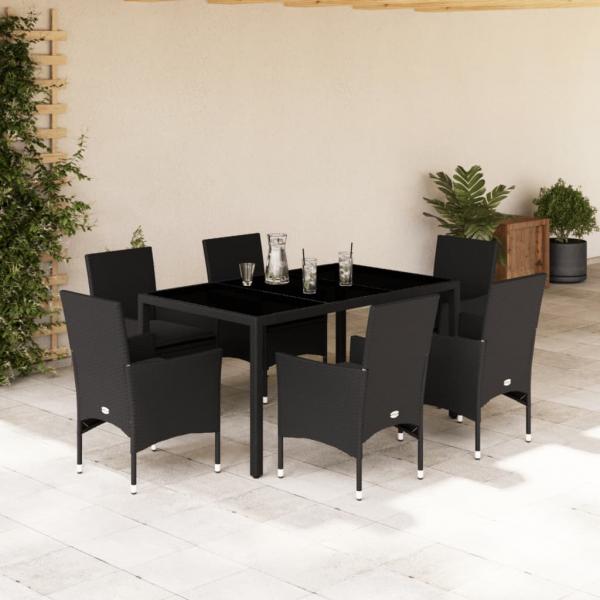 ARDEBO.de - 7-tlg. Garten-Essgruppe mit Kissen Schwarz Poly Rattan Glas