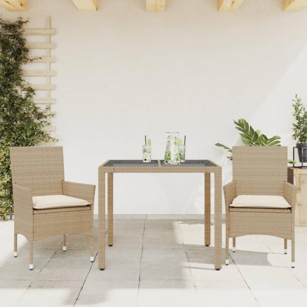 ARDEBO.de - 3-tlg. Garten-Essgruppe mit Kissen Beige Poly Rattan und Glas