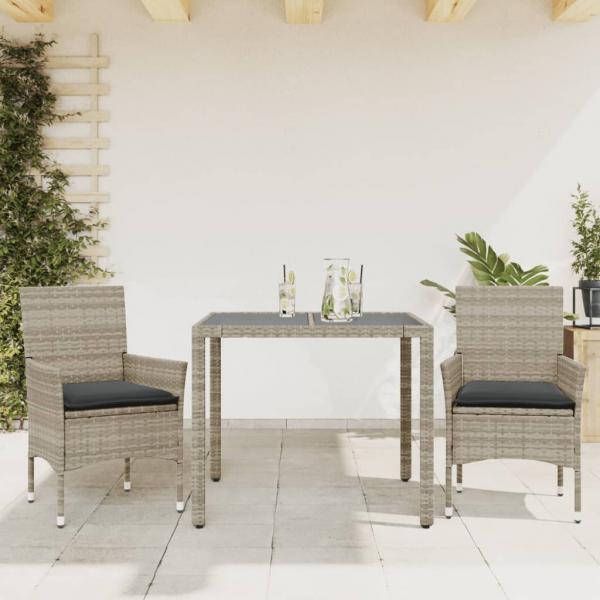 ARDEBO.de - 3-tlg. Garten-Essgruppe mit Kissen Hellgrau Poly Rattan Glas