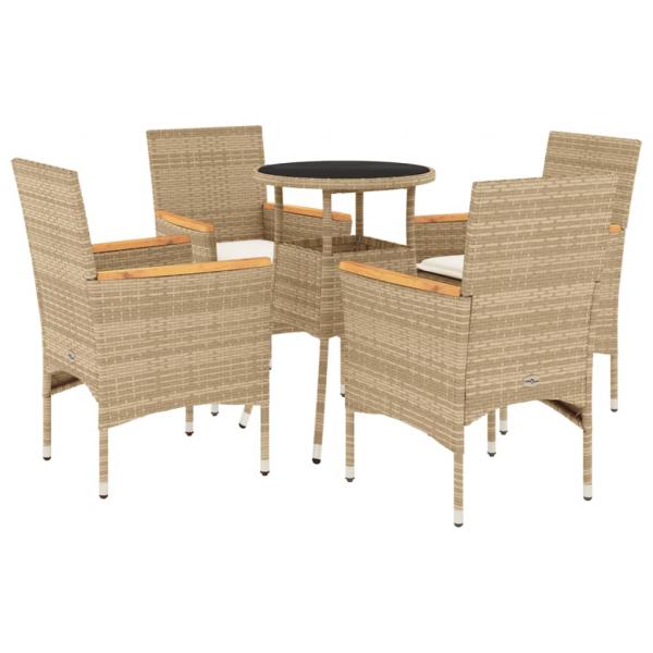 5-tlg. Garten-Essgruppe mit Kissen Beige Poly Rattan und Glas