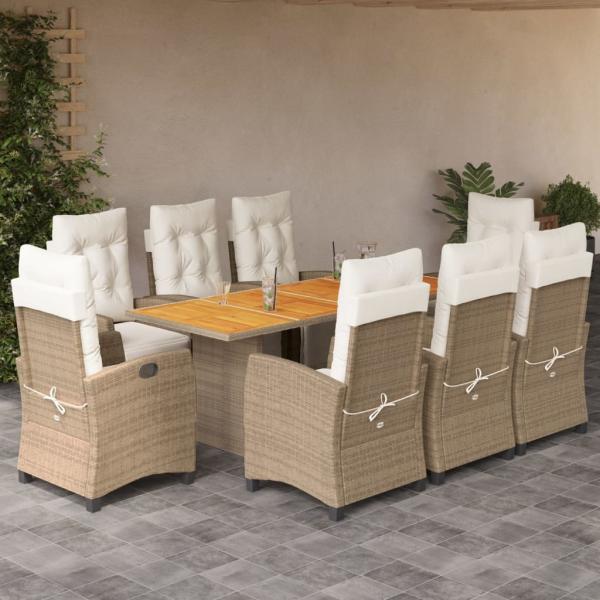 ARDEBO.de - 9-tlg. Garten-Essgruppe mit Kissen Beige Poly Rattan