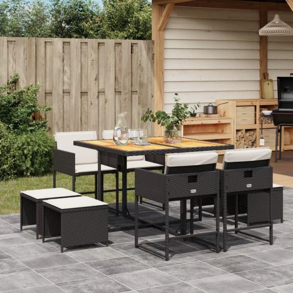 ARDEBO.de - 9-tlg. Garten-Essgruppe mit Kissen Schwarz Poly Rattan