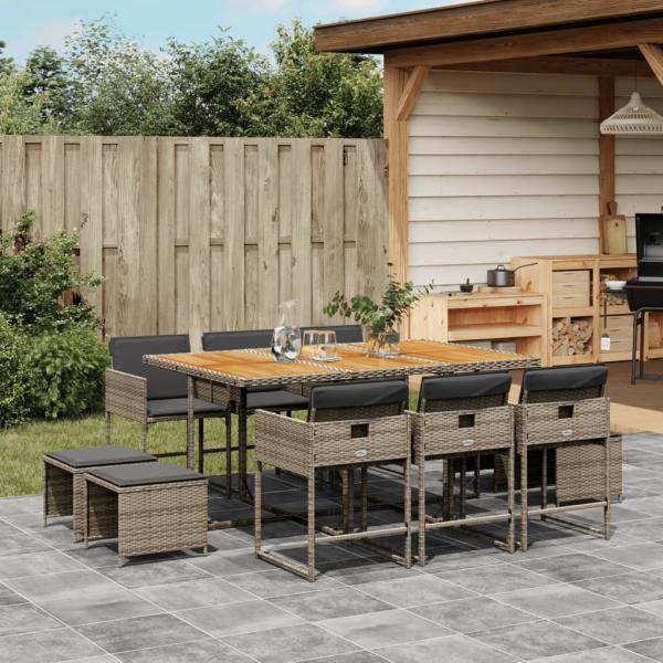 ARDEBO.de - 11-tlg. Garten-Essgruppe mit Kissen Grau Poly Rattan