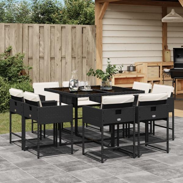 ARDEBO.de - 9-tlg. Garten-Essgruppe mit Kissen Schwarz Poly Rattan