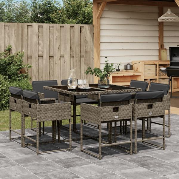 ARDEBO.de - 9-tlg. Garten-Essgruppe mit Kissen Grau Poly Rattan