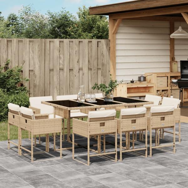 ARDEBO.de - 11-tlg. Garten-Essgruppe mit Kissen Beige Poly Rattan