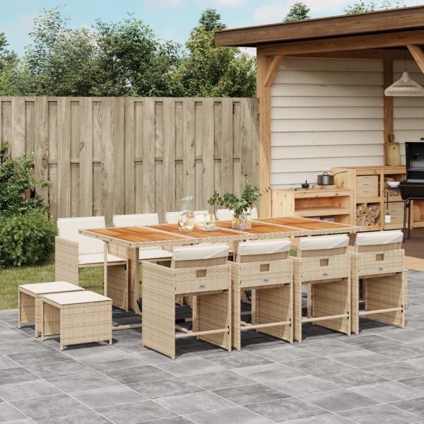 ARDEBO.de - 13-tlg. Garten-Essgruppe mit Kissen Beige Poly Rattan